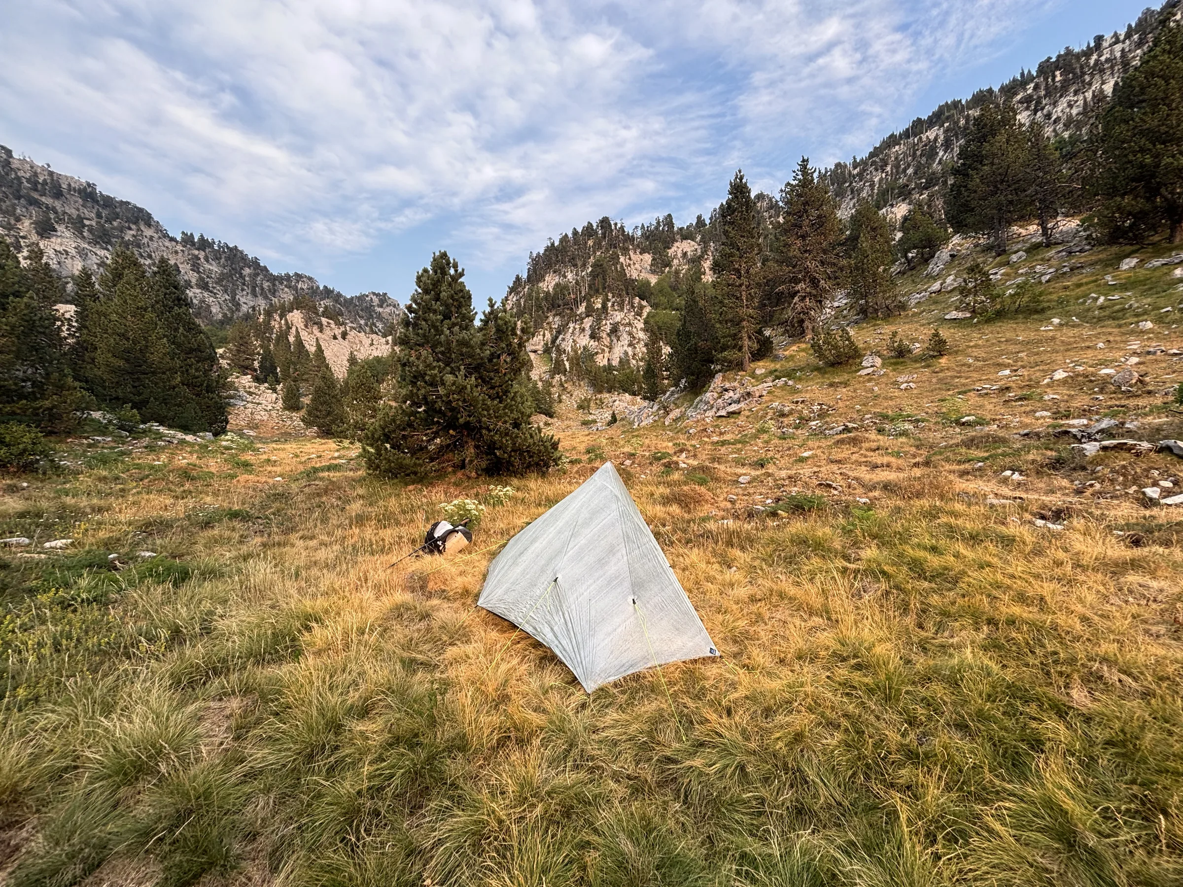 Tente installée dans une clairière de montagne